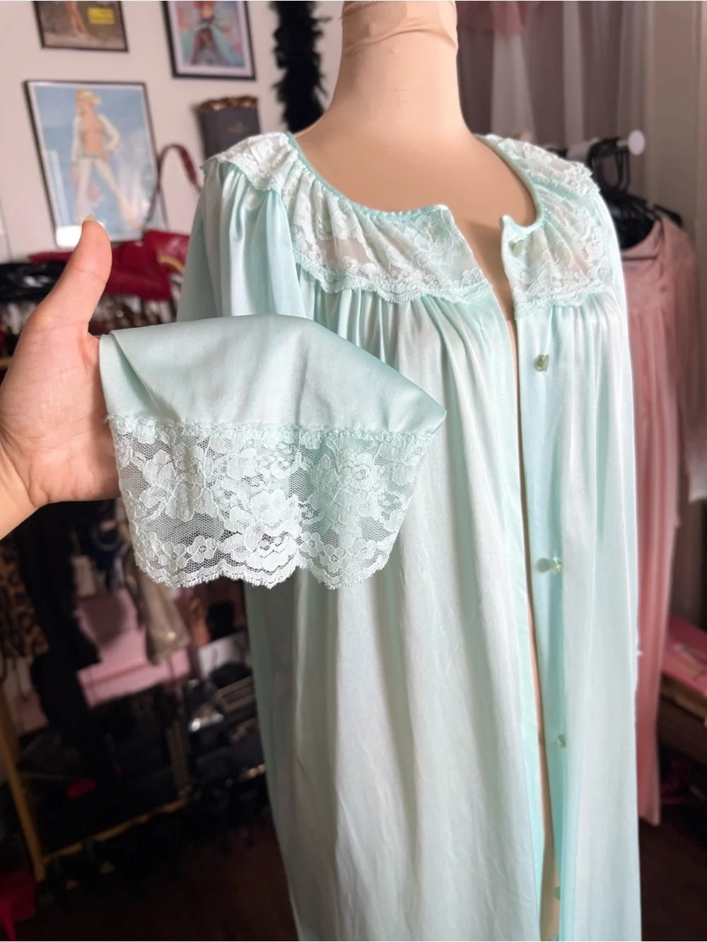 Vintage 1950’s Blue Long Button-Front Robe with Lace Trim
